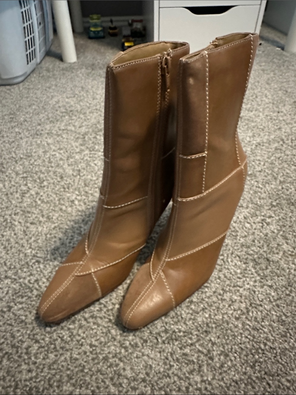 Sleek Tan Pointed-Toe Mid-Calf Heeled Boots